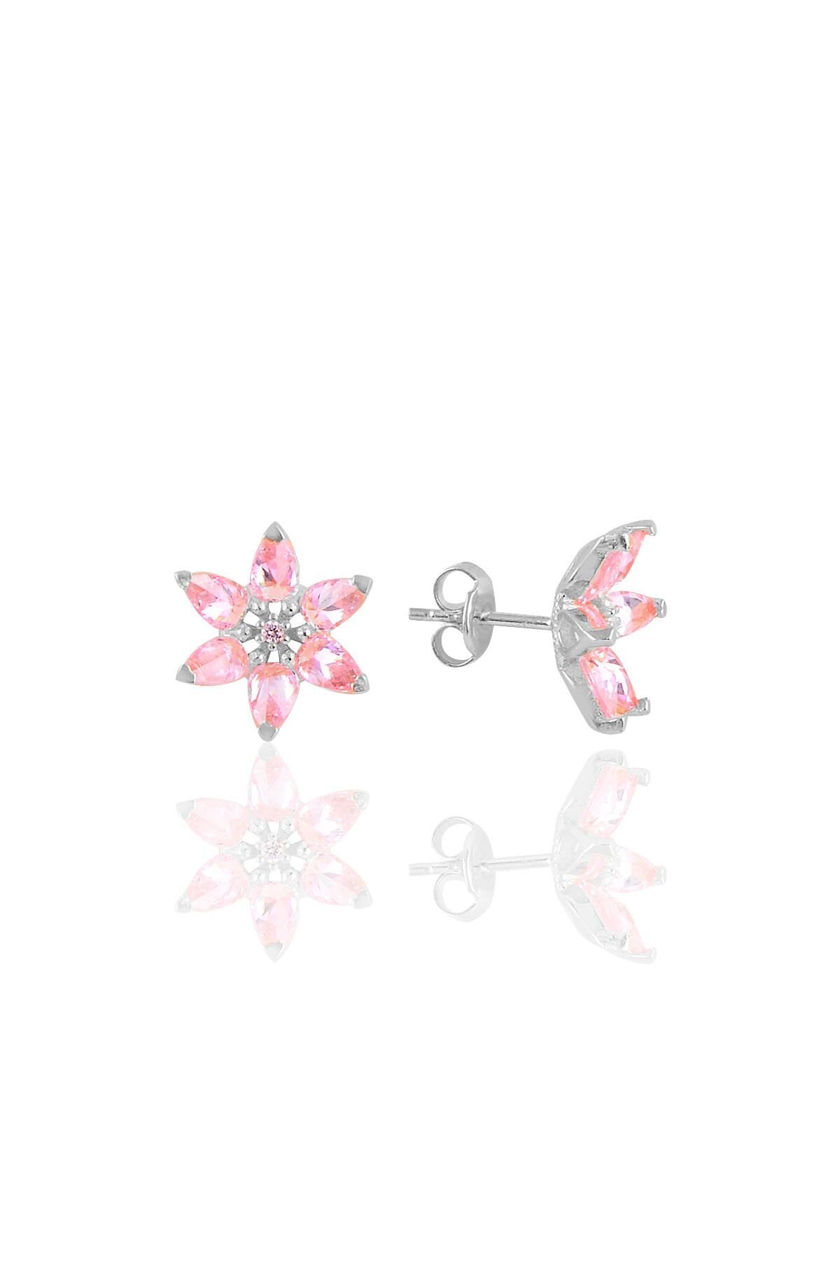 Gümüş beyaz taşlı nilüfer lotus çiçeği küpe Pembe