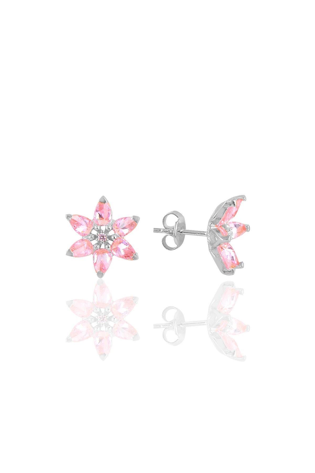 Gümüş beyaz taşlı nilüfer lotus çiçeği küpe Pembe