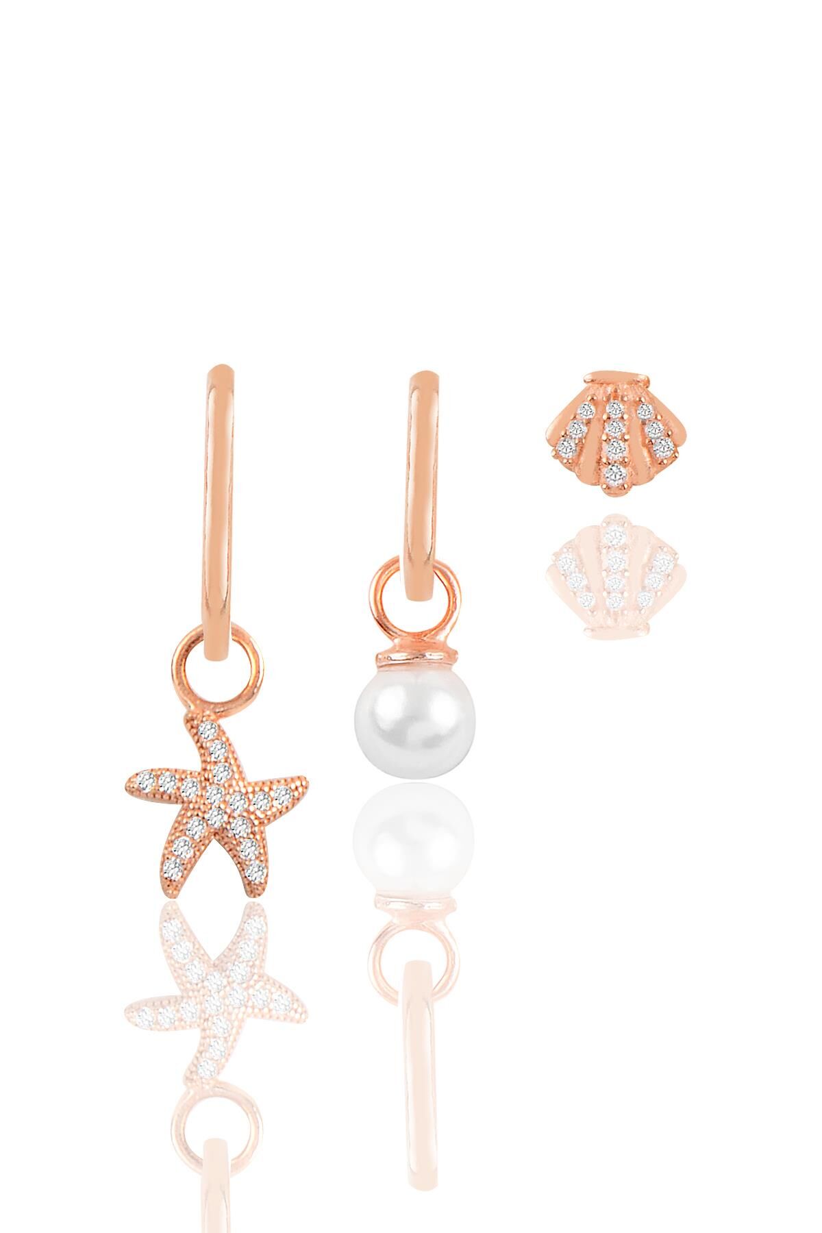 Gümüş rose inci ve zirkon taşlı deniz kombin üçlü küpe seti SGTL11636ROSE