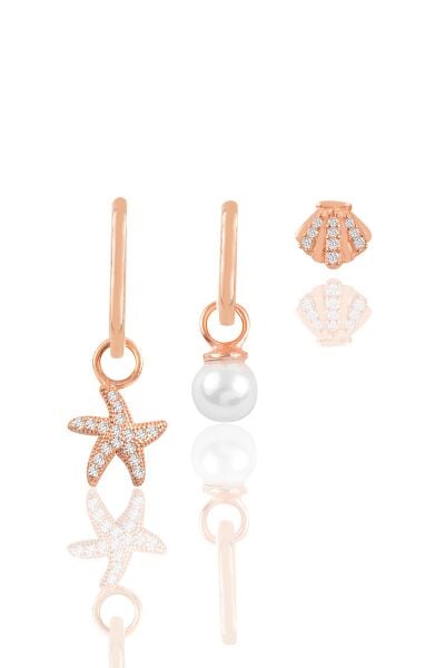 Gümüş rose inci ve zirkon taşlı deniz kombin üçlü küpe seti SGTL11636ROSE