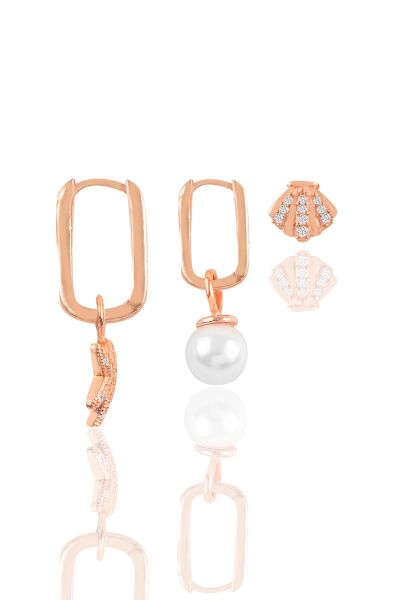 Gümüş rose inci ve zirkon taşlı deniz kombin üçlü küpe seti SGTL11636ROSE