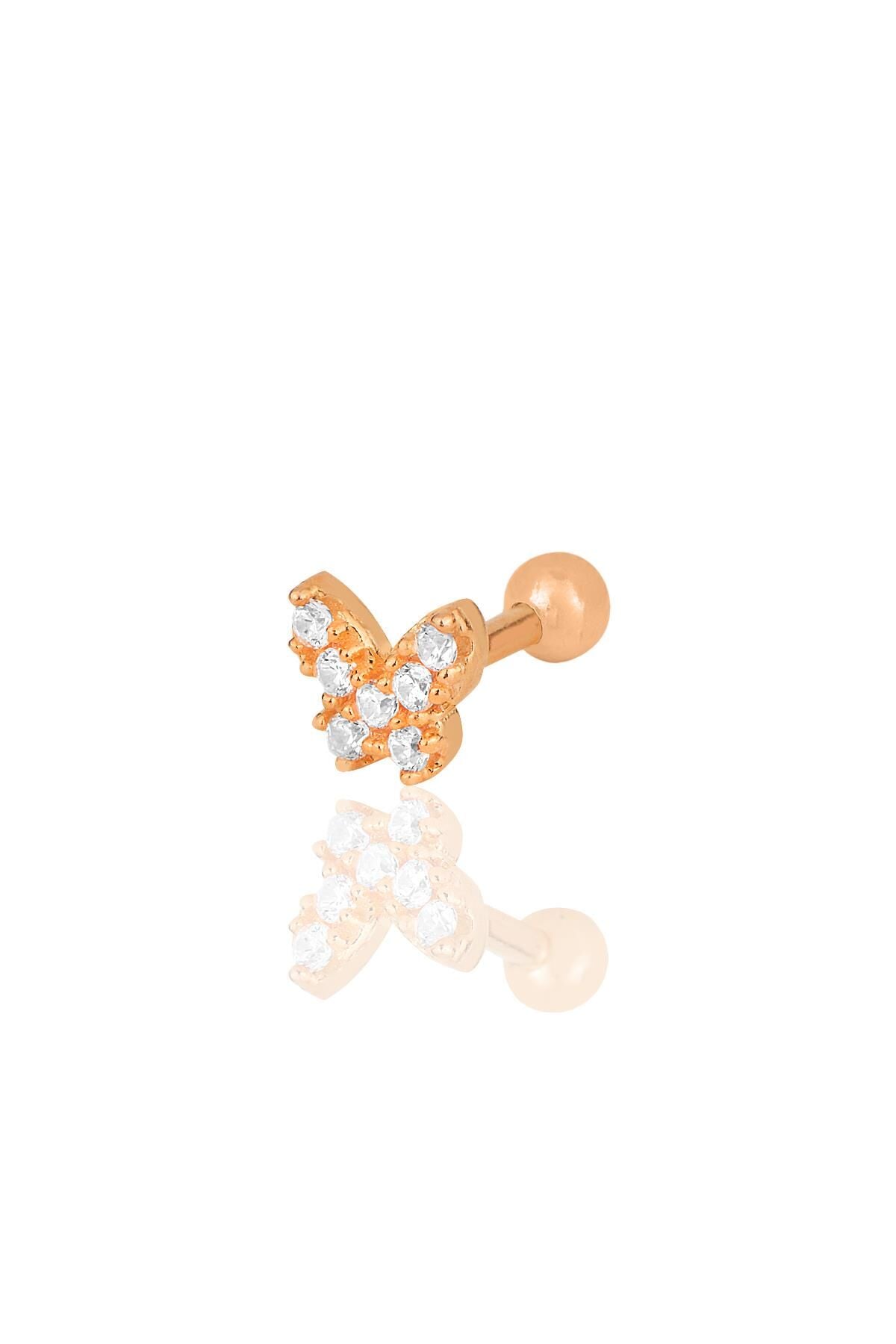 Gümüş rose zirkon taşlı kelebek modeli Tragus helix Piercing küpe SGTL12198ROSE