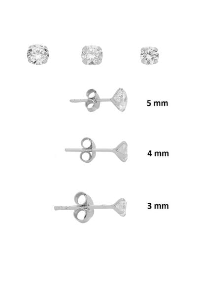 925 Ayar Gümüş 3'lü Tekli Kombin Set Yuvarlak Tektaş Minimal Küpe (3-4-5 mm) SGTL13530RODAJ