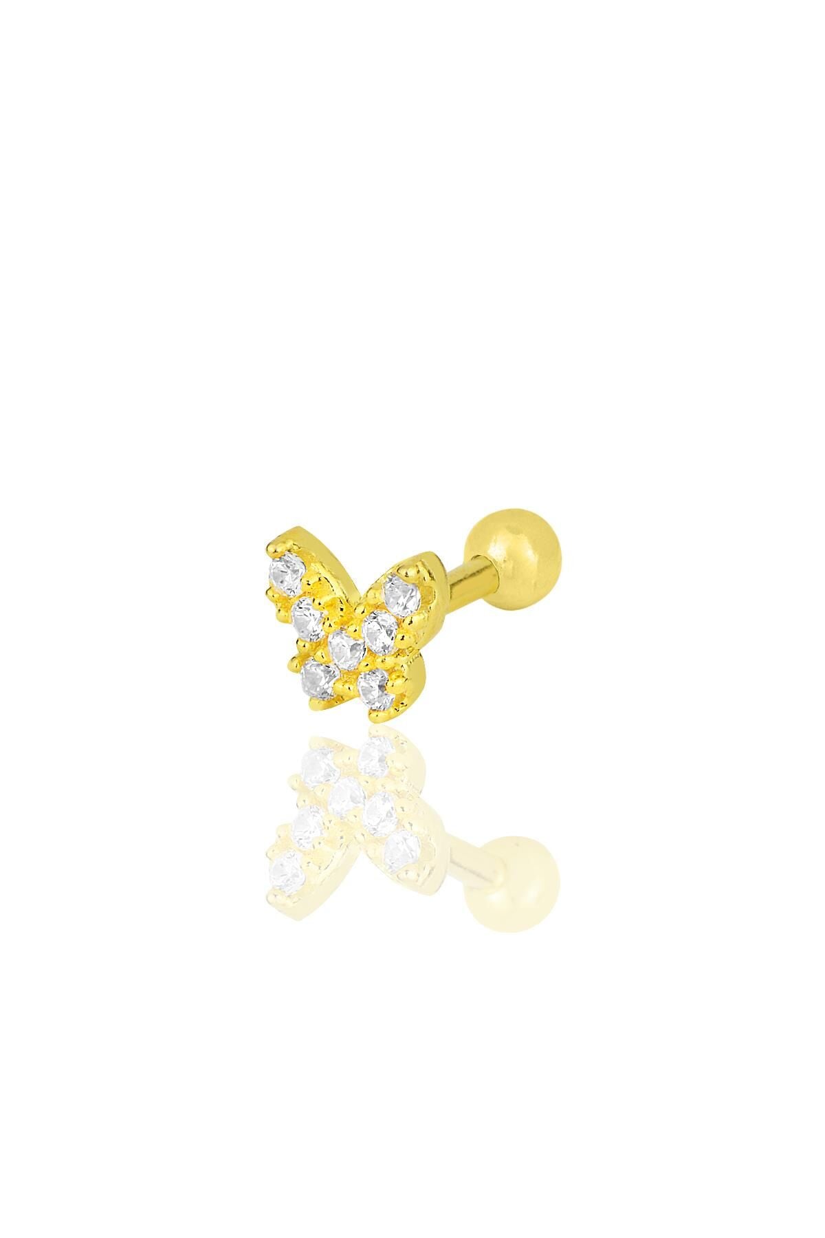 Gümüş altın yaldızlı zirkon taşlı kelebek modeli Tragus helix Piercing küpe SGTL12198GOLD
