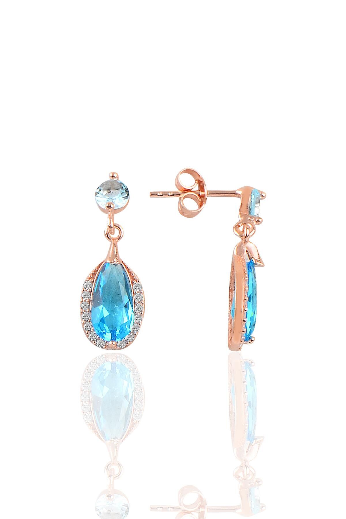 Gümüş rose akuamarin taşlı damla modeli küpe SGTL10197AKUA