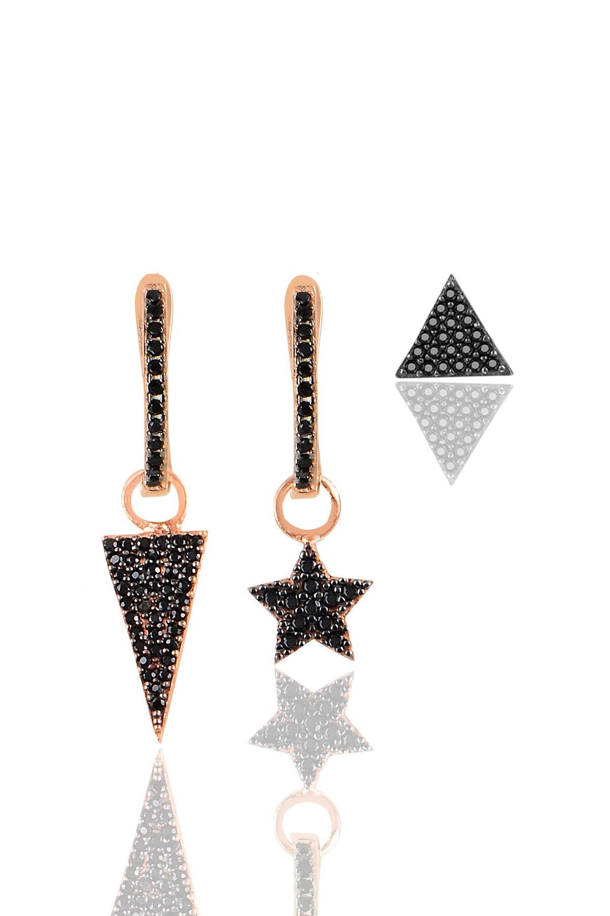 Gümüş rose siyah taşlı piramit ve yıldız kombin üçlü küpe seti SGTL11635SIYAH