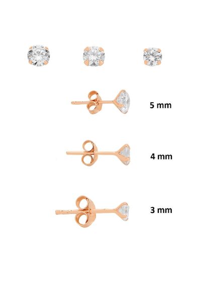925 Ayar Gümüş Rose 3'lü Tekli Kombin Set Yuvarlak Tektaş Minimal Küpe (3-4-5 mm) SGTL13530ROSE