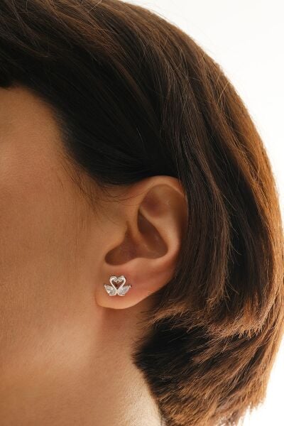 Gümüş rodyumlu damla kesim zirkon taşlı aşık kuğular küpe SGTL12839RODAJ