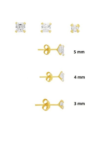 925 Ayar Gümüş Altın Kaplama 3'lü Tekli Kombin Set Kare Princess Kesim Taşlı Minimal Küpe (3-4-5 mm) SGTL13531GOLD