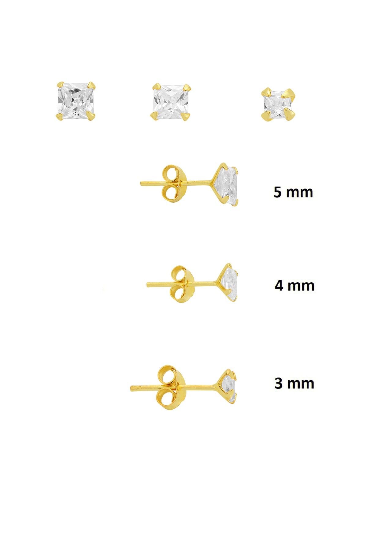 925 Ayar Gümüş Altın Kaplama 3'lü Tekli Kombin Set Kare Princess Kesim Taşlı Minimal Küpe (3-4-5 mm) SGTL13531GOLD