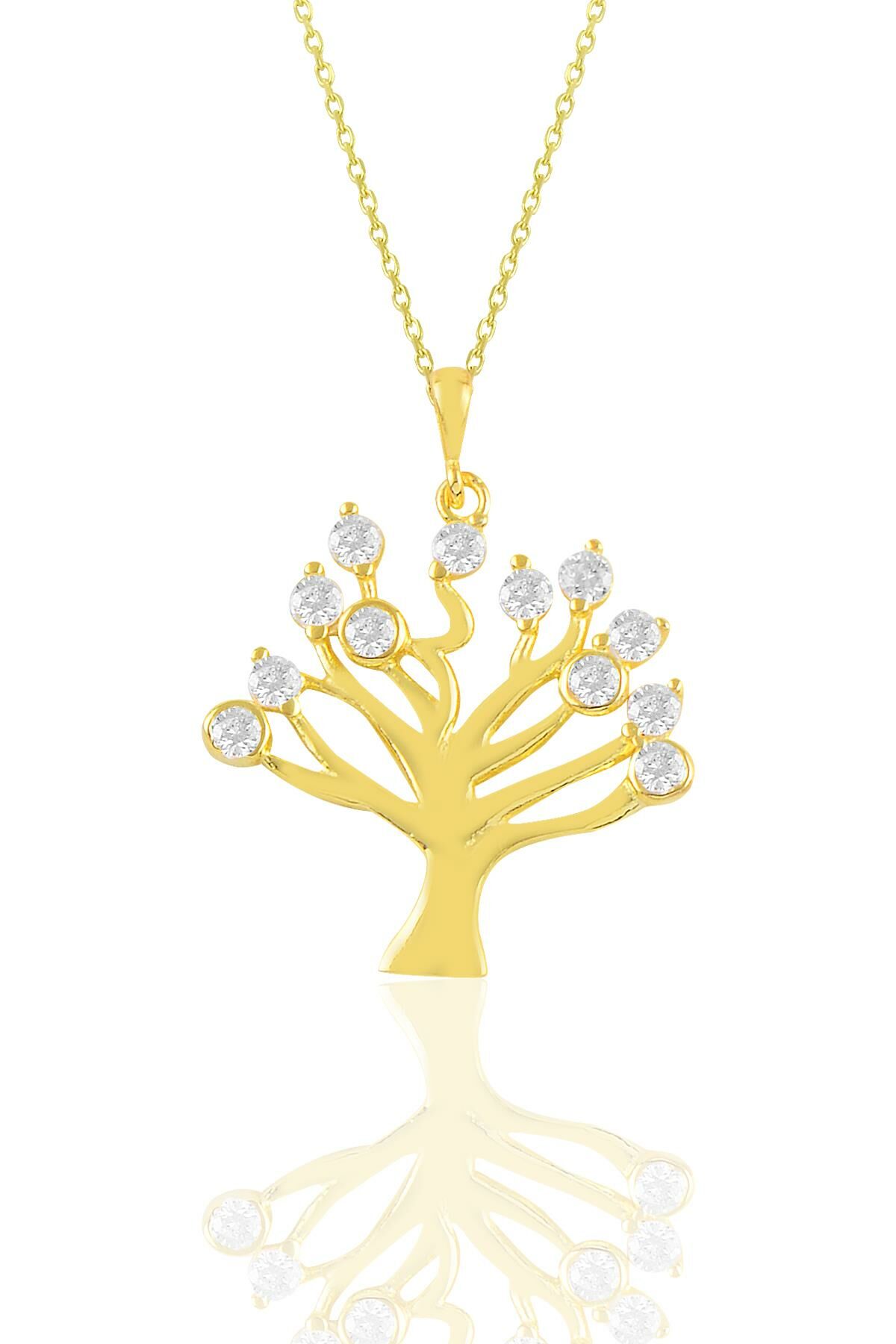 Gümüş altın yaldızlı zirkon taşlı soy ağacı kolye  SGTL10905GOLD