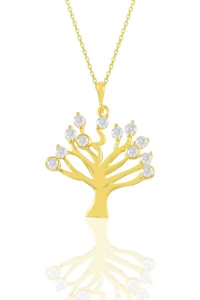 Gümüş altın yaldızlı zirkon taşlı soy ağacı kolye  SGTL10905GOLD