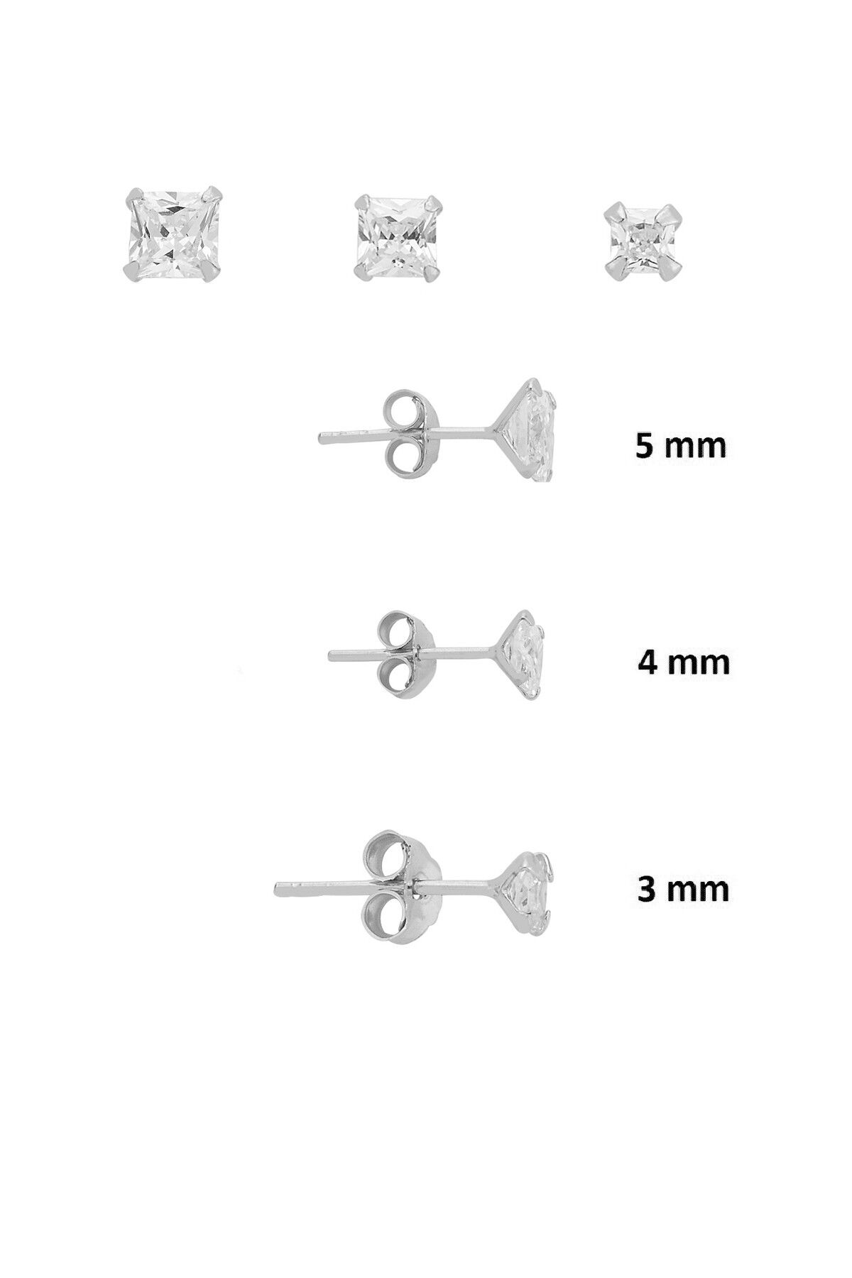 925 Ayar Gümüş 3'lü Tekli Kombin Set Kare Princess Kesim Taşlı Minimal Küpe (3-4-5 mm) SGTL13531RODAJ