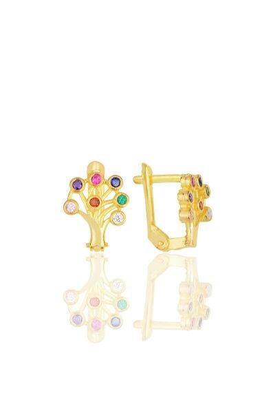 Gümüş altın yaldızlı renkli taşlı j model hayat ağac küpe SGTL11634GOLD