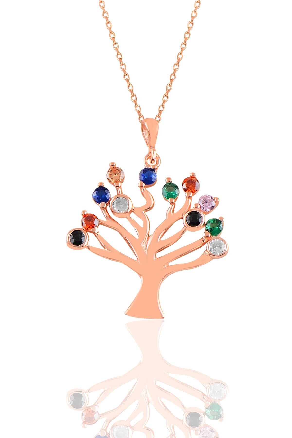 Gümüş rose renkli taşlı soy ağacı kolye SGTL10905MIX