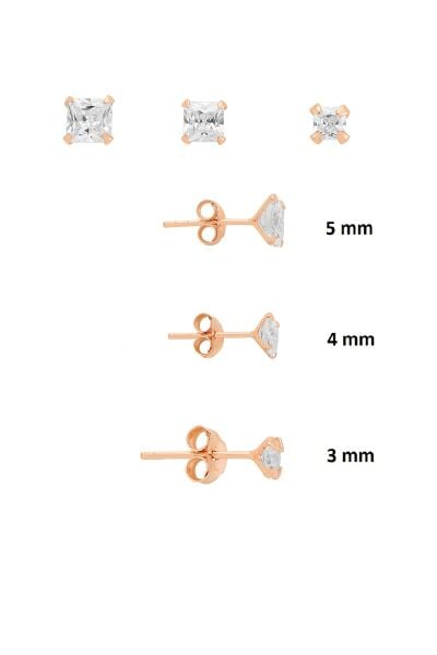 925 Ayar Gümüş Rose 3'lü Tekli Kombin Set Kare Princess Kesim Taşlı Minimal Küpe (3-4-5 mm) SGTL13531ROSE