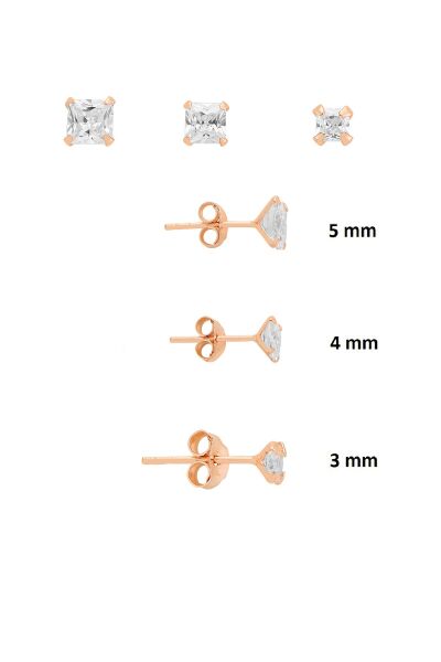 925 Ayar Gümüş Rose 3'lü Tekli Kombin Set Kare Princess Kesim Taşlı Minimal Küpe (3-4-5 mm) SGTL13531ROSE