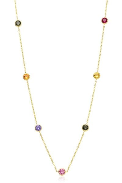 925 Ayar Gümüş Kolye Altın Kaplama Renkli Sıra Taş Dizim İstasyon Kolye  SGTL13532GOLD