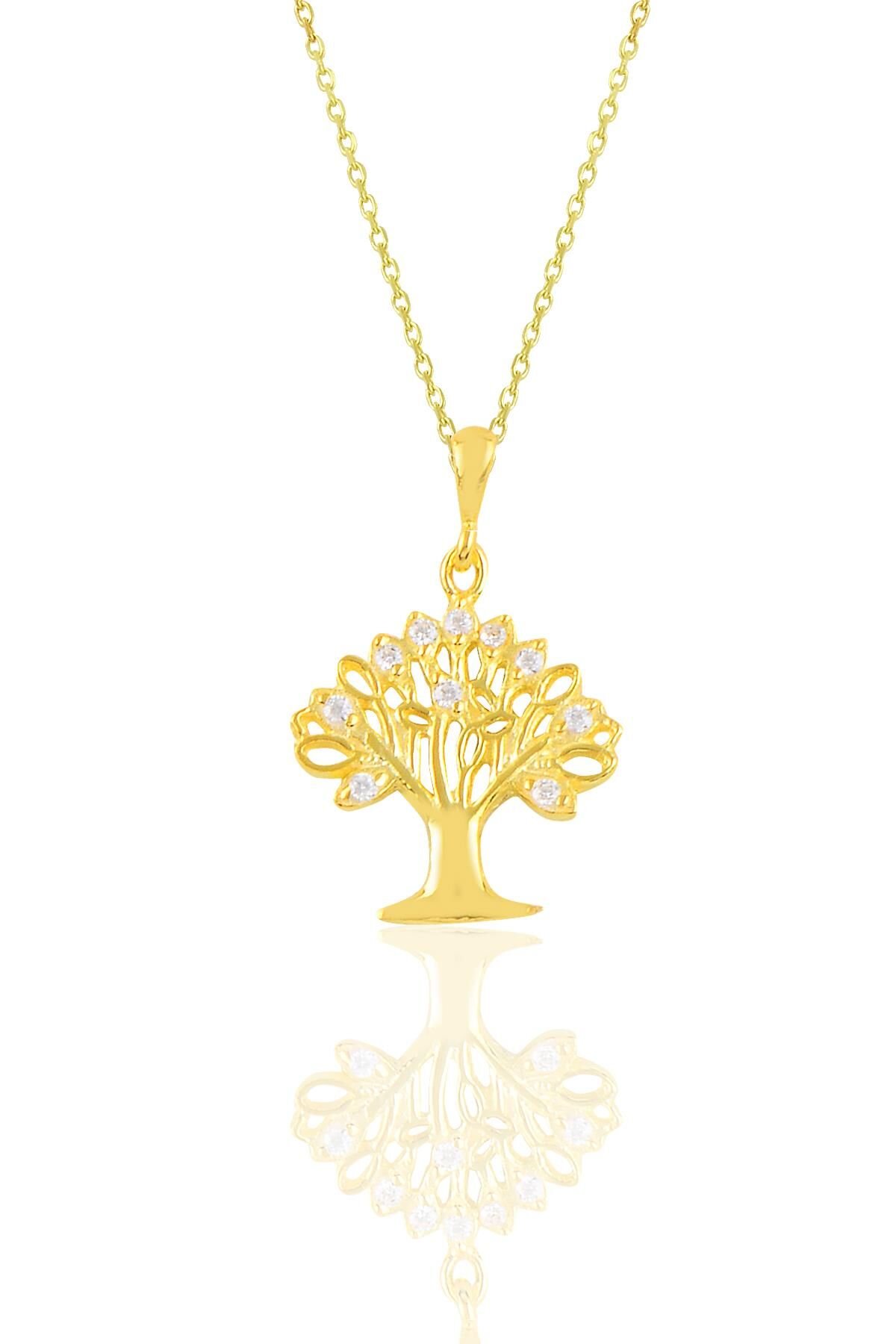 Gümüş altın yaldızlı zirkon taşlı yapraklı ağaç kolye SGTL10906GOLD