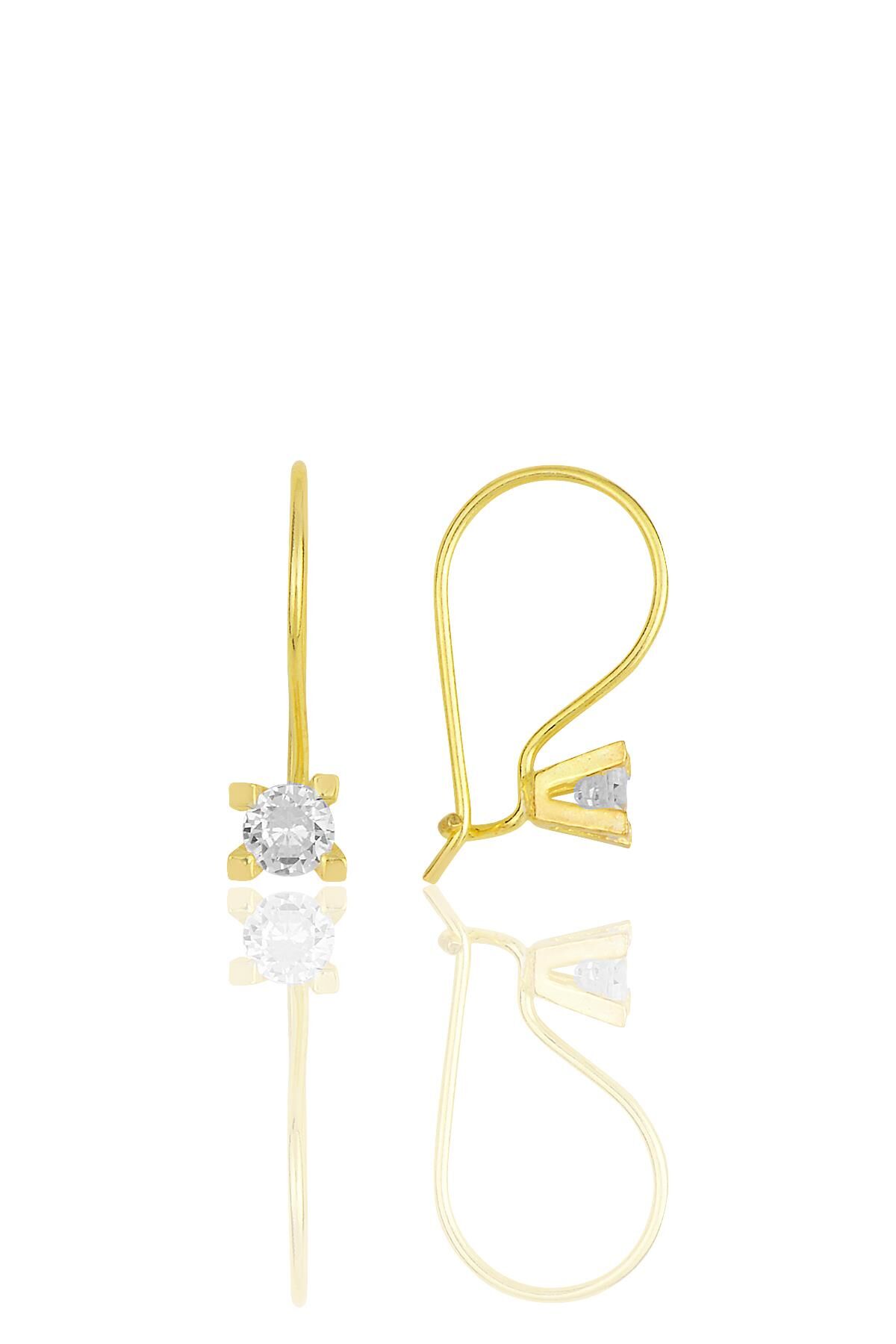 Gümüş altın yaldızlı zirkon taşlı çengelli tek taş küpe  SGTL11632GOLD
