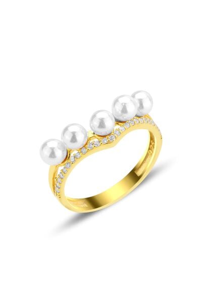 Gümüş altın yaldızlı zirkon taşlı incili taç yüzük SGTL12533GOLD