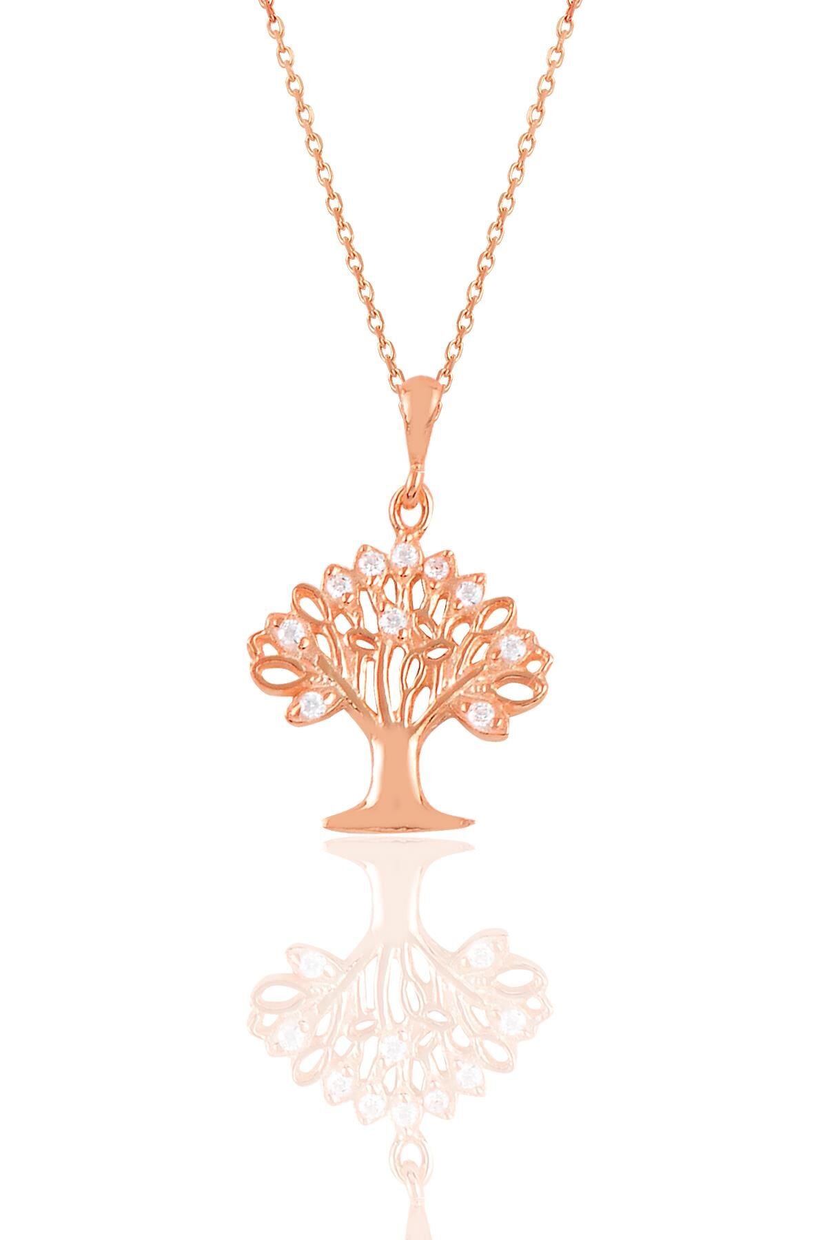 Gümüş rose zirkon taşlı yapraklı ağaç kolye SGTL10906ROSE