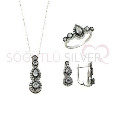 rodyumlu zirkon taşlı elmas montürlü tria damla modeli üçlü set set8432