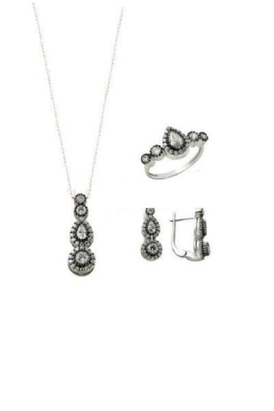 rodyumlu zirkon taşlı elmas montürlü tria damla modeli üçlü set set8432