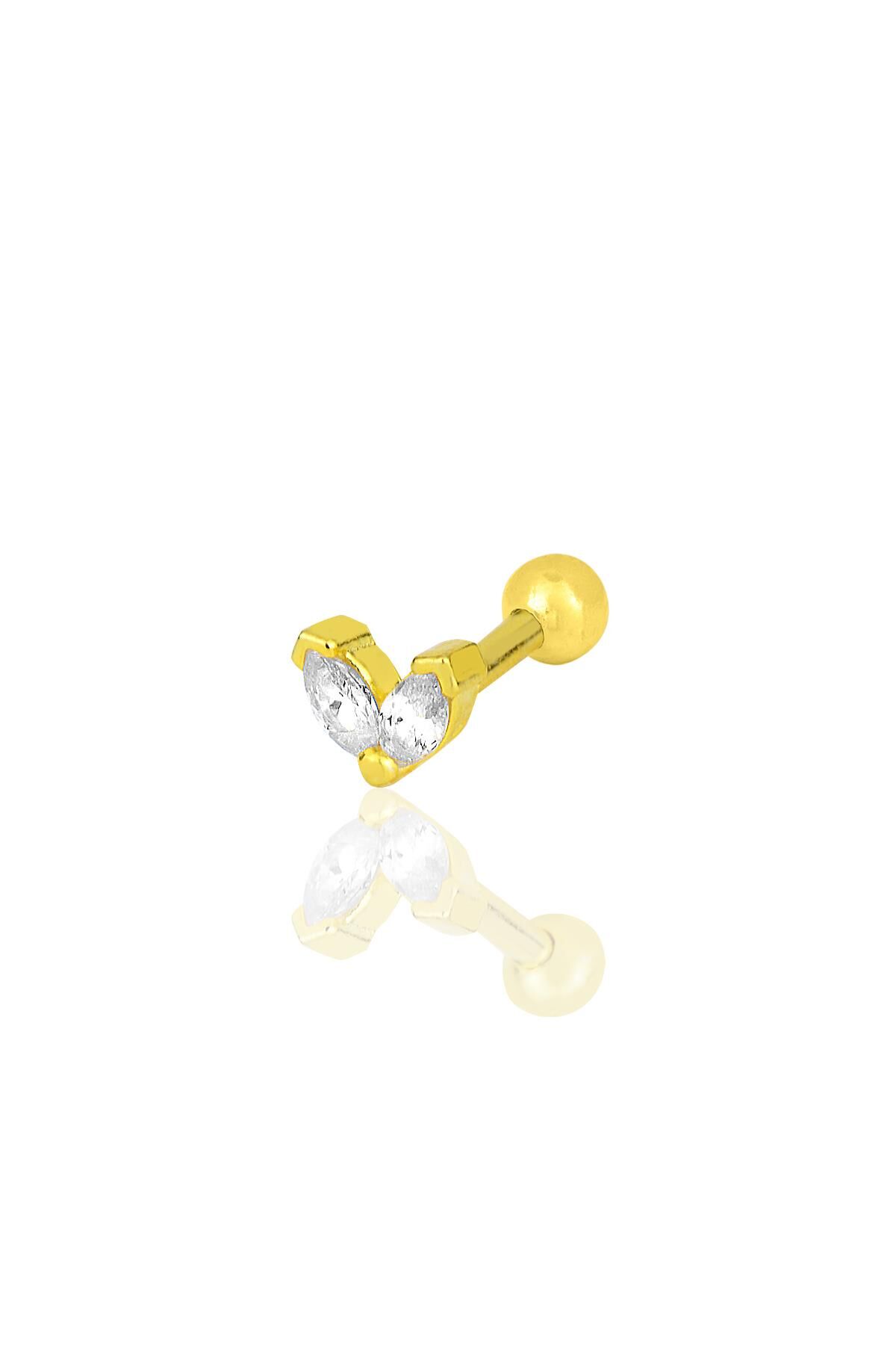 Gümüş altın yaldızlı zirkon iki taşlı Tragus helix Piercing küpe SGTL12197GOLD