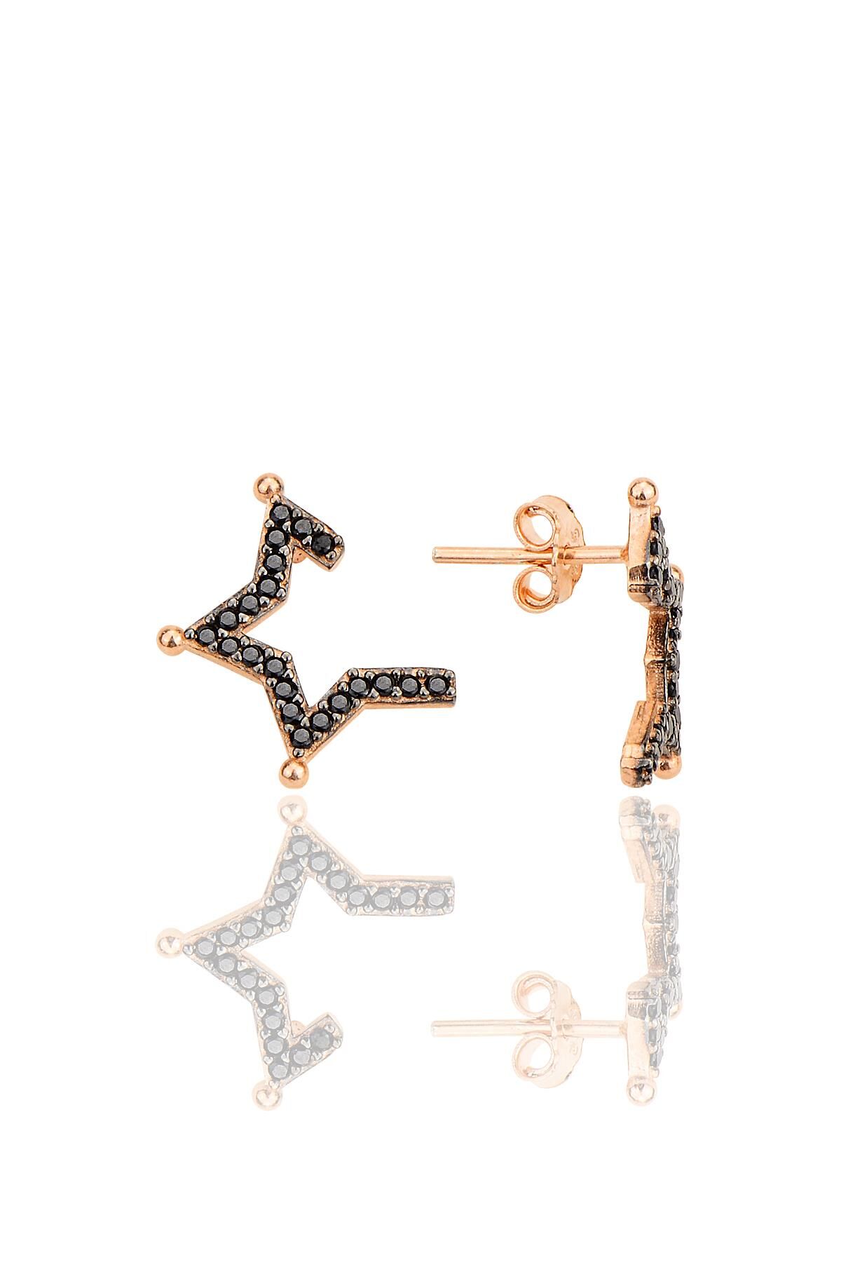 Gümüş rose siyah taşlı yarım yıldız küpe SGTL10050SIYAH