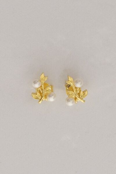 Gümüş altın yaldızlı incili sarmaşık küpe SGTL12842GOLD