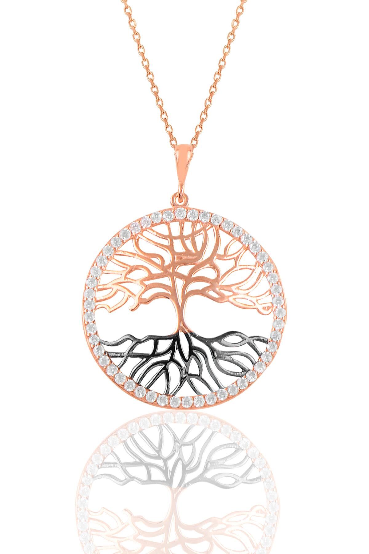 Gümüş rose zirkon taşlı kalemli tuba ağacı kolye SGTL10908ROSE