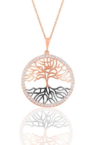 Gümüş rose zirkon taşlı kalemli tuba ağacı kolye SGTL10908ROSE