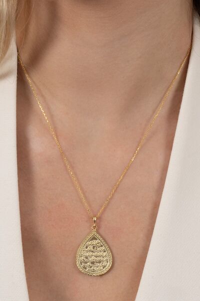 Gümüş altın yaldızlı kıtmir duası yazılı damla modeli kolye SGTL10909GOLD