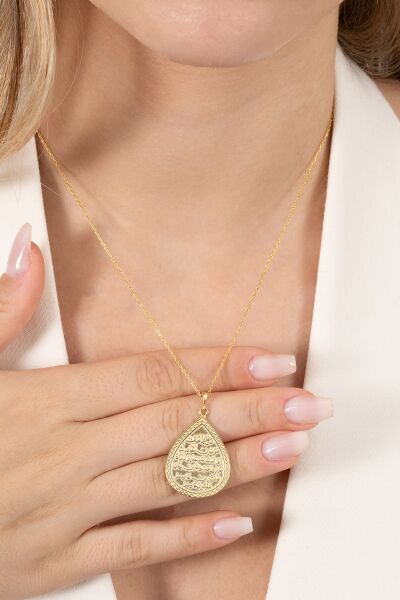 Gümüş altın yaldızlı kıtmir duası yazılı damla modeli kolye SGTL10909GOLD