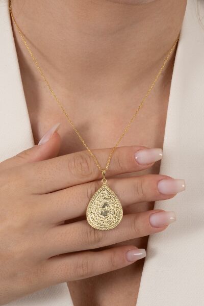 Gümüş altın yaldızlı kıtmir duası yazılı damla modeli kolye SGTL10909GOLD