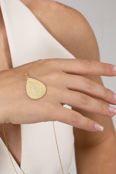 Gümüş altın yaldızlı kıtmir duası yazılı damla modeli kolye SGTL10909GOLD
