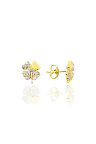 Gümüş altın yaldızlı zirkon taşlı yonca modeli küpe SGTL10068GOLD