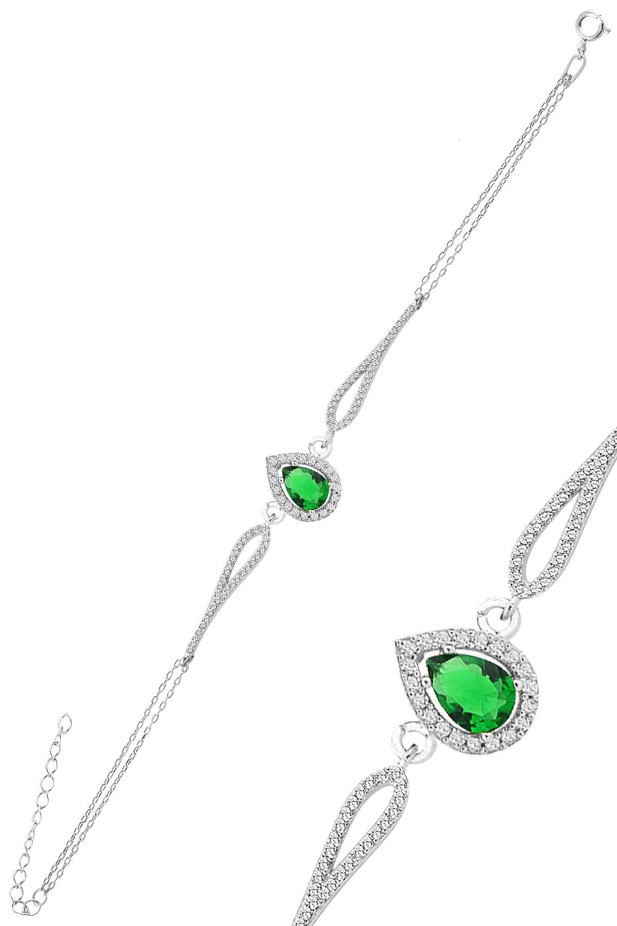 Gümüş rodyumlu kök  zümrüt zirkon taşlı pırlanta modeli damla bileklik SGTL12219YESIL