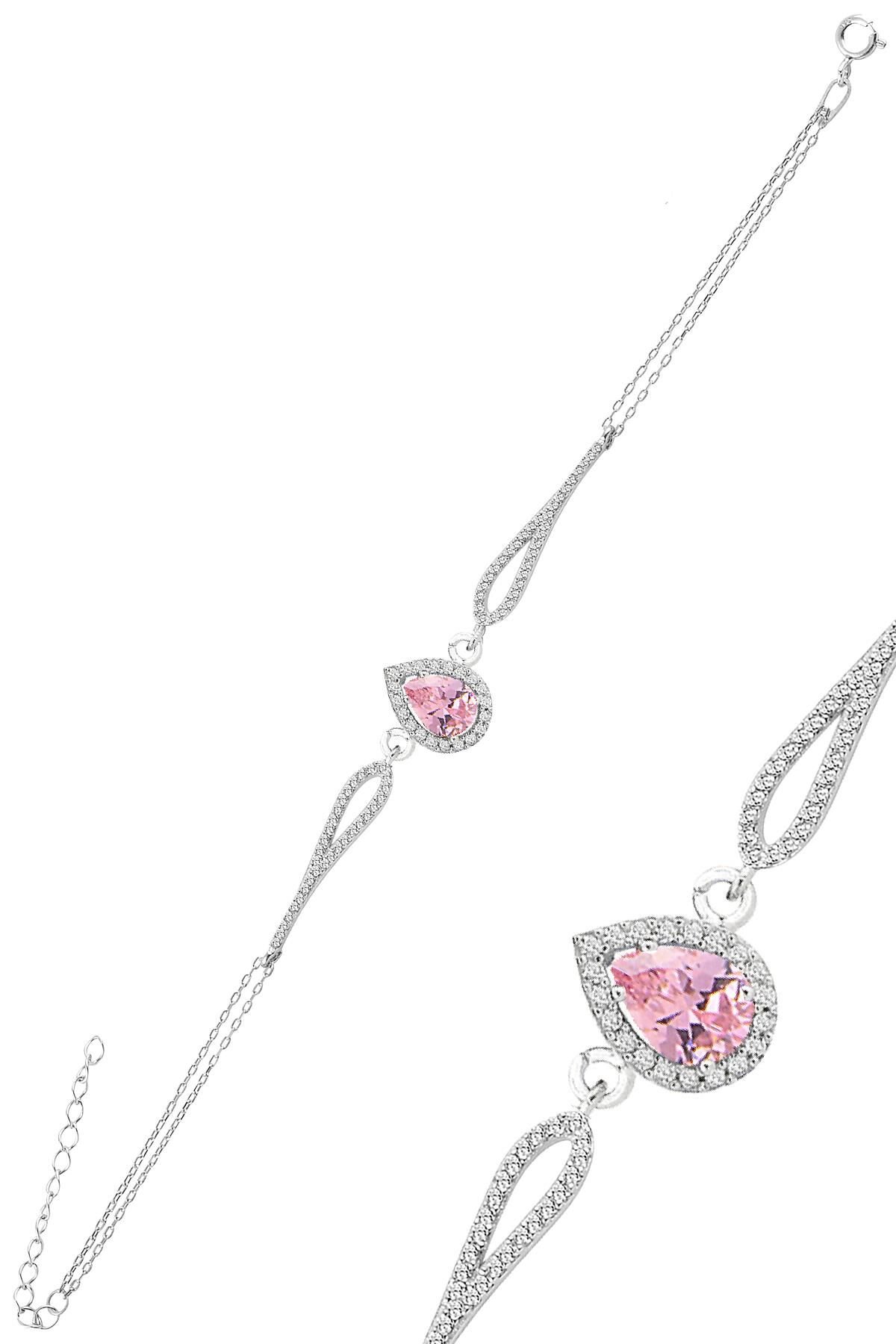 Gümüş rodyumlu pembe zirkon taşlı pırlanta modeli damla bileklik SGTL12219PEMBE