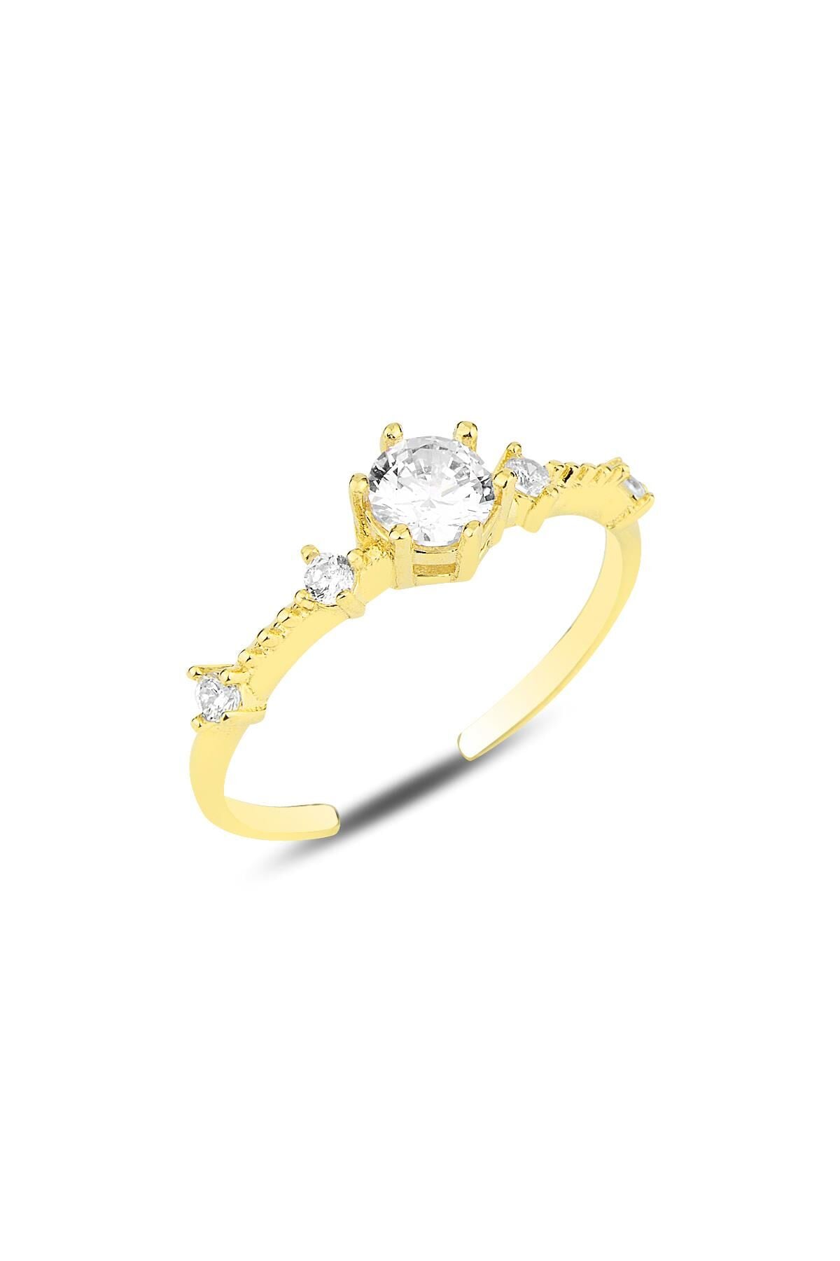 Gümüş altın yaldızlı zirkon taşlı tek taş modeli ayarlamalı yüzük SGTL12153GOLD