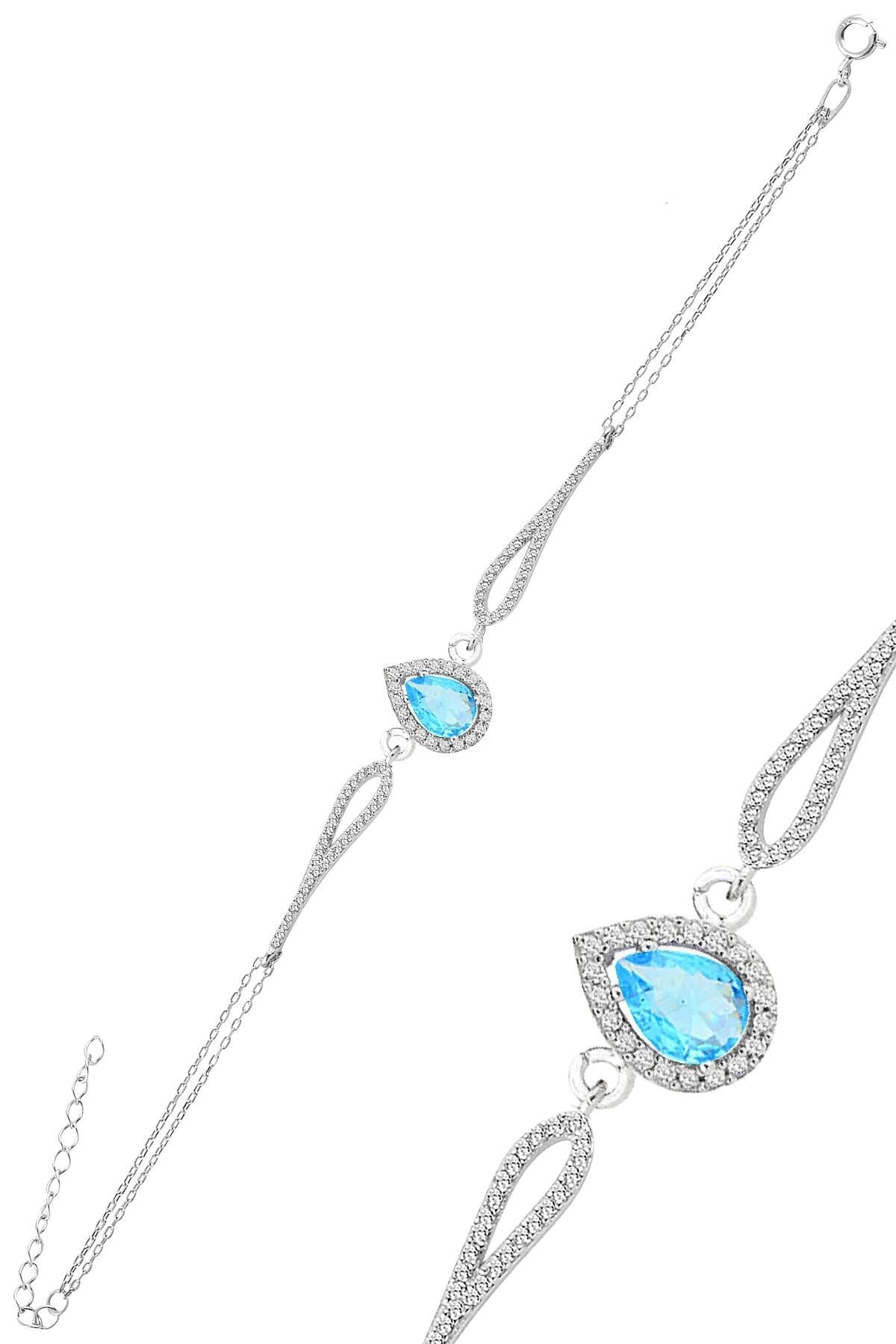 Gümüş rodyumlu akuamarin zirkon taşlı pırlanta modeli damla bileklik SGTL12219MAVI