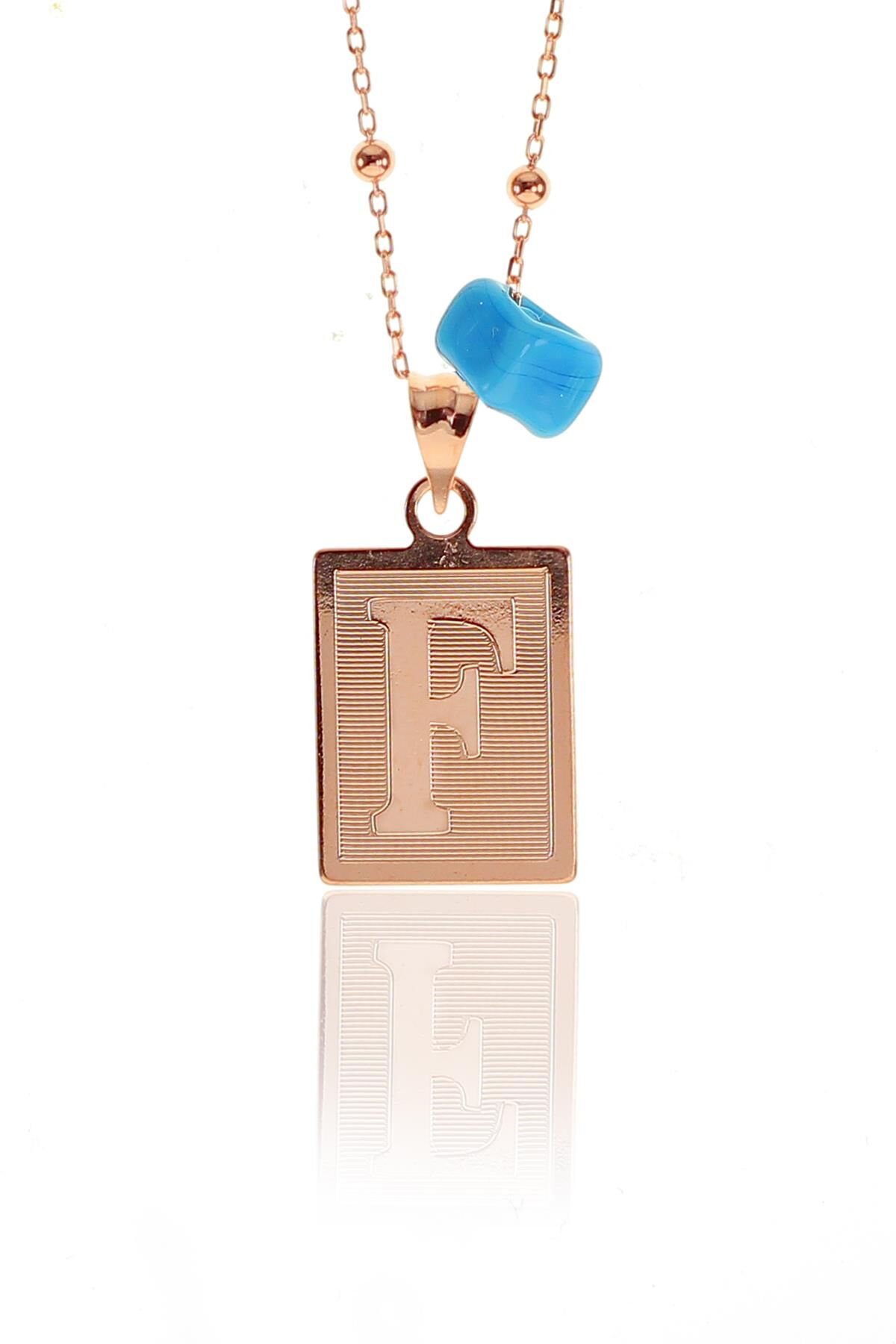 Gümüş F harfi ve turkuz taşlı top top zincirli kolye SGTL9679F