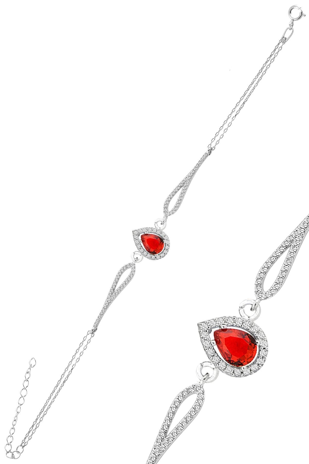 Gümüş rodyumlu kırmızı zirkon taşlı pırlanta modeli damla bileklik SGTL12219KIRMIZI