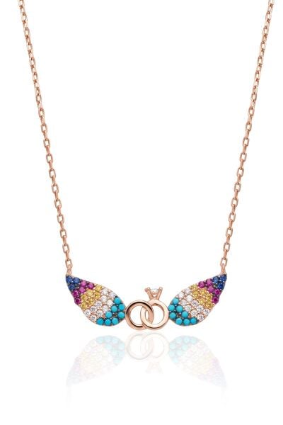 925 Ayar Gümüş Kolye Rose Gold Renkli Taşlı Kanatlı Tektaş Alyans Kadın Kolye Işıltılı Aşk Kanadı Kolye SGTL13545RENKLI