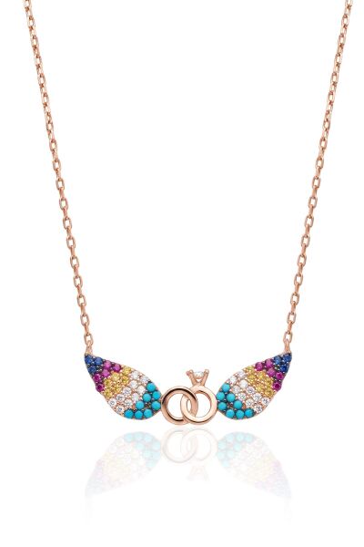 925 Ayar Gümüş Kolye Rose Gold Renkli Taşlı Kanatlı Tektaş Alyans Kadın Kolye Işıltılı Aşk Kanadı Kolye SGTL13545RENKLI