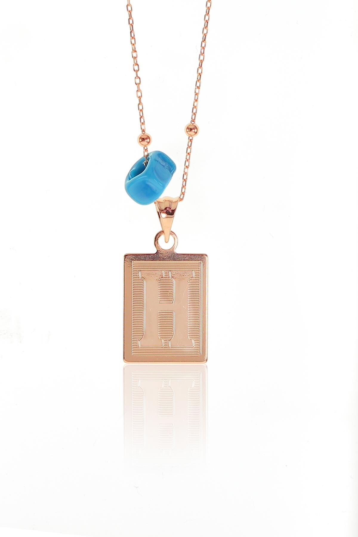 Gümüş H harfi ve turkuz taşlı top top zincirli kolye SGTL9679H