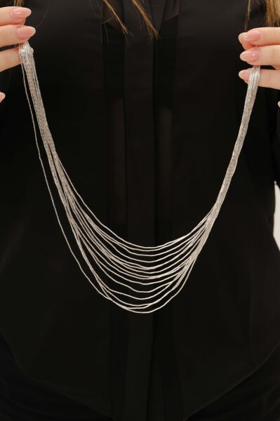 Gümüş özel tasarımlı modern görünümlü 15 sıralı kat kat likit kolye SGTL12807GUMUS