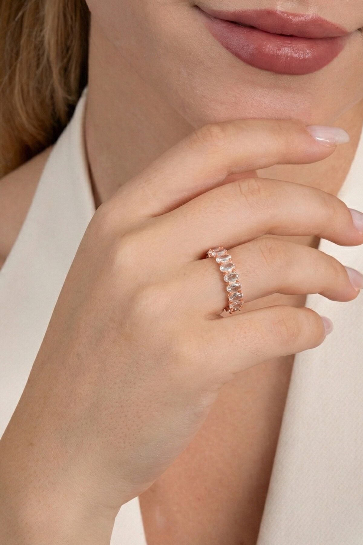 Gümüş rose oval baget kesim zirkon taşlı tamtur yüzük SGTL12218ROSE