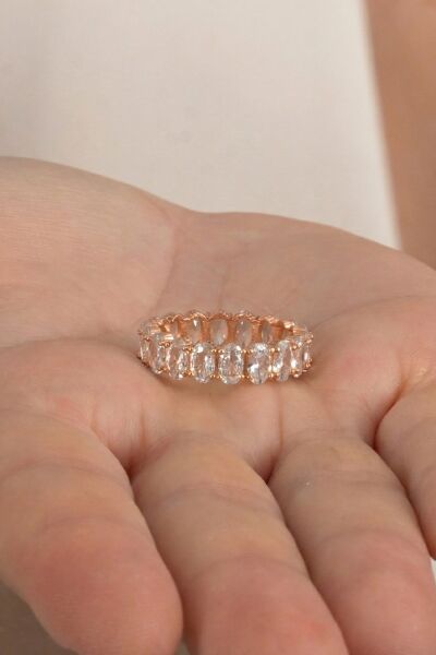 Gümüş rose oval baget kesim zirkon taşlı tamtur yüzük SGTL12218ROSE